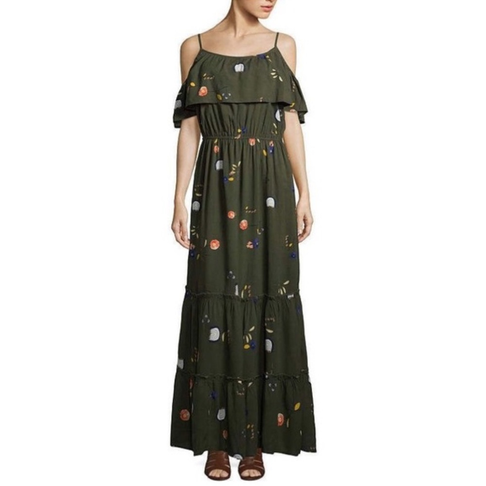 Ana Hanna Floral Green cold shoulder tiered Maxi Dress